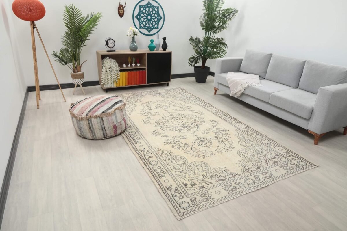 6x10 Bej Turkish Area Rug, 6x10 Oushak Rug, Handmade Rug, Wool Floral Rug, Area Rug, Vintage Rug, Kitchen Wool Rug, Living Room Wool Rug - Görsel 6