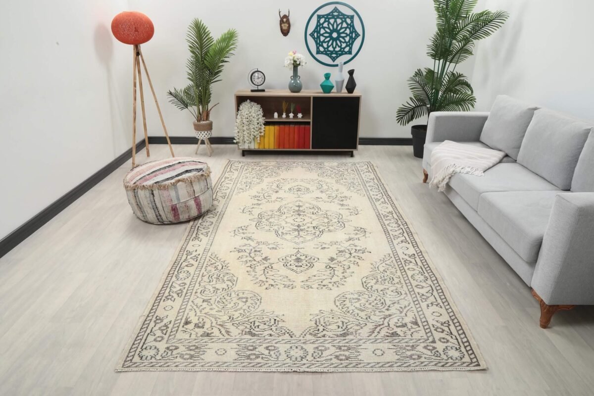 6x10 Bej Turkish Area Rug, 6x10 Oushak Rug, Handmade Rug, Wool Floral Rug, Area Rug, Vintage Rug, Kitchen Wool Rug, Living Room Wool Rug - Görsel 5