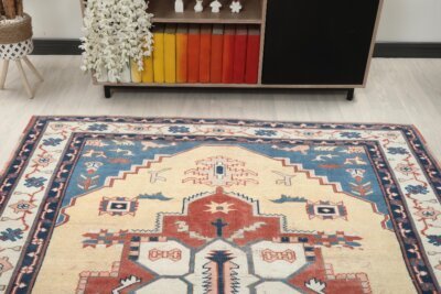 6x8 Red Blue Turkish Area Rug, 6x8 Oushak Rug, Persian Handmade Rug,6x8 Oversized Rug, Patterned Vintage Rug, Kitchen Rug, Living Room Rug - Görsel 7