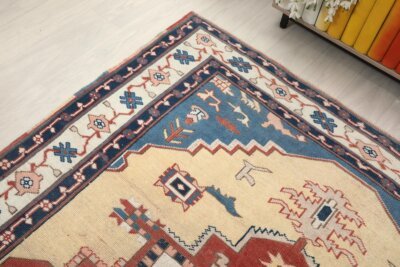 6x8 Red Blue Turkish Area Rug, 6x8 Oushak Rug, Persian Handmade Rug,6x8 Oversized Rug, Patterned Vintage Rug, Kitchen Rug, Living Room Rug - Görsel 8