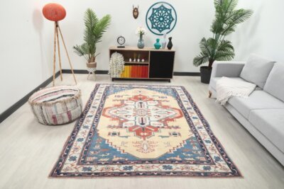 6x8 Red Blue Turkish Area Rug, 6x8 Oushak Rug, Persian Handmade Rug,6x8 Oversized Rug, Patterned Vintage Rug, Kitchen Rug, Living Room Rug - Görsel 3
