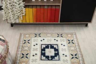 3x4 Brown Cream Vintage Rug, Turkish Living Room Area Rug, Bedroom Kitchen Turkish Rug, Entry Wool Rug, 3x4 Natural Oushak Rug, Antique Rug - Görsel 6