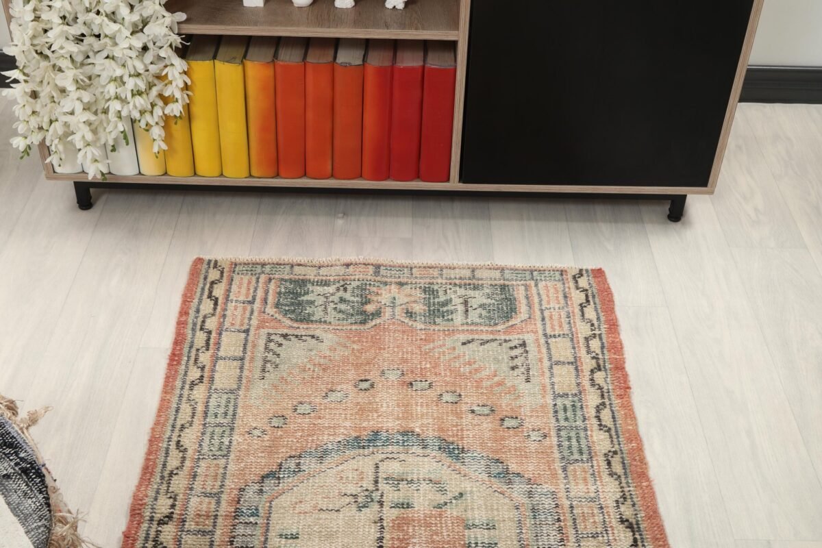 3x5 Pink Green Turkish Rug, 3x5 Oushak Area Rug, 3x5 Vintage Rug, Low Pile Rug, Kitchen Rug, 3x5 Bedroom Rug, Home Decor, Geometric Wool Rug - Görsel 2