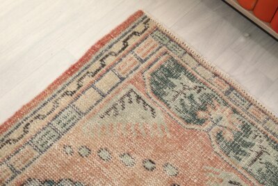 3x5 Pink Green Turkish Rug, 3x5 Oushak Area Rug, 3x5 Vintage Rug, Low Pile Rug, Kitchen Rug, 3x5 Bedroom Rug, Home Decor, Geometric Wool Rug - Görsel 3