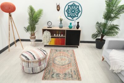 3x5 Pink Green Turkish Rug, 3x5 Oushak Area Rug, 3x5 Vintage Rug, Low Pile Rug, Kitchen Rug, 3x5 Bedroom Rug, Home Decor, Geometric Wool Rug - Görsel 7