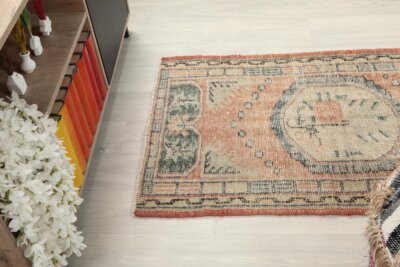 3x5 Pink Green Turkish Rug, 3x5 Oushak Area Rug, 3x5 Vintage Rug, Low Pile Rug, Kitchen Rug, 3x5 Bedroom Rug, Home Decor, Geometric Wool Rug - Görsel 4