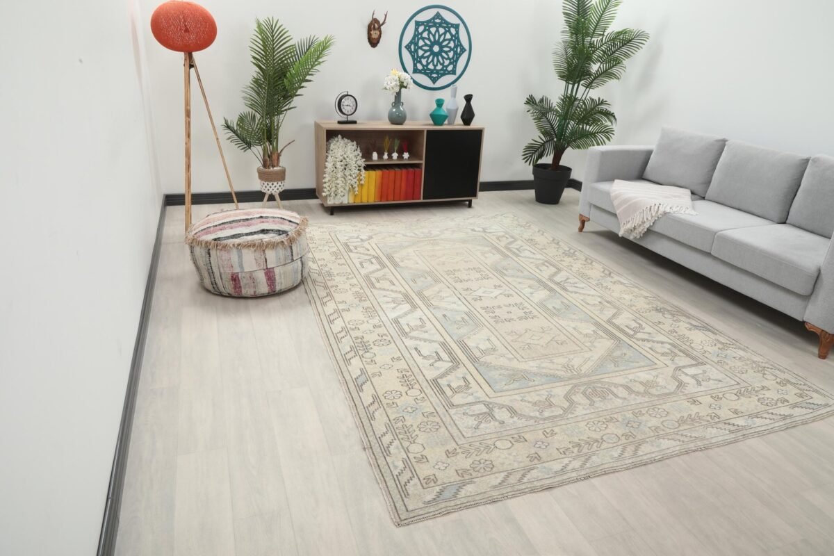 7x10 Beige Blue Patterned Turkish Rug , 7x10 Oversize Oushak Runner, Bohemian Runner, Handmade Wool Rug, Dining Area Rug, Living Room Rug - Görsel 3