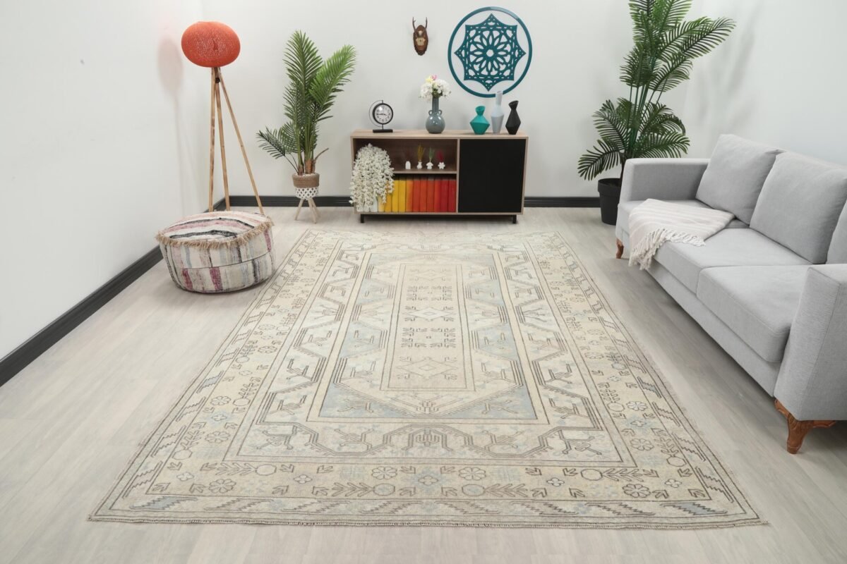 7x10 Beige Blue Patterned Turkish Rug , 7x10 Oversize Oushak Runner, Bohemian Runner, Handmade Wool Rug, Dining Area Rug, Living Room Rug - Görsel 2