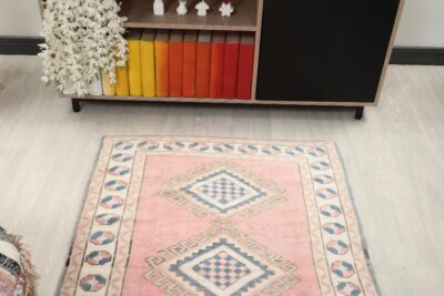 3x5 Pink Small Turkish  Rug, 3x5 Oushak Rug, 3x5 Vintage Rug, Low Pile Rug, Kitchen Rug, Bedroom Rug, Home Decor, Area Rug, Neutral Rug - Görsel 9