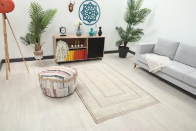 4x6 Beige Wool Turkish Area Rug, 4x6 Handwoven Rug, 4x6 Oushak Runner, Handmade Rug, Living Room Rug, Vintage Rug, Kitchen Rug, Faded Rug - Görsel 3