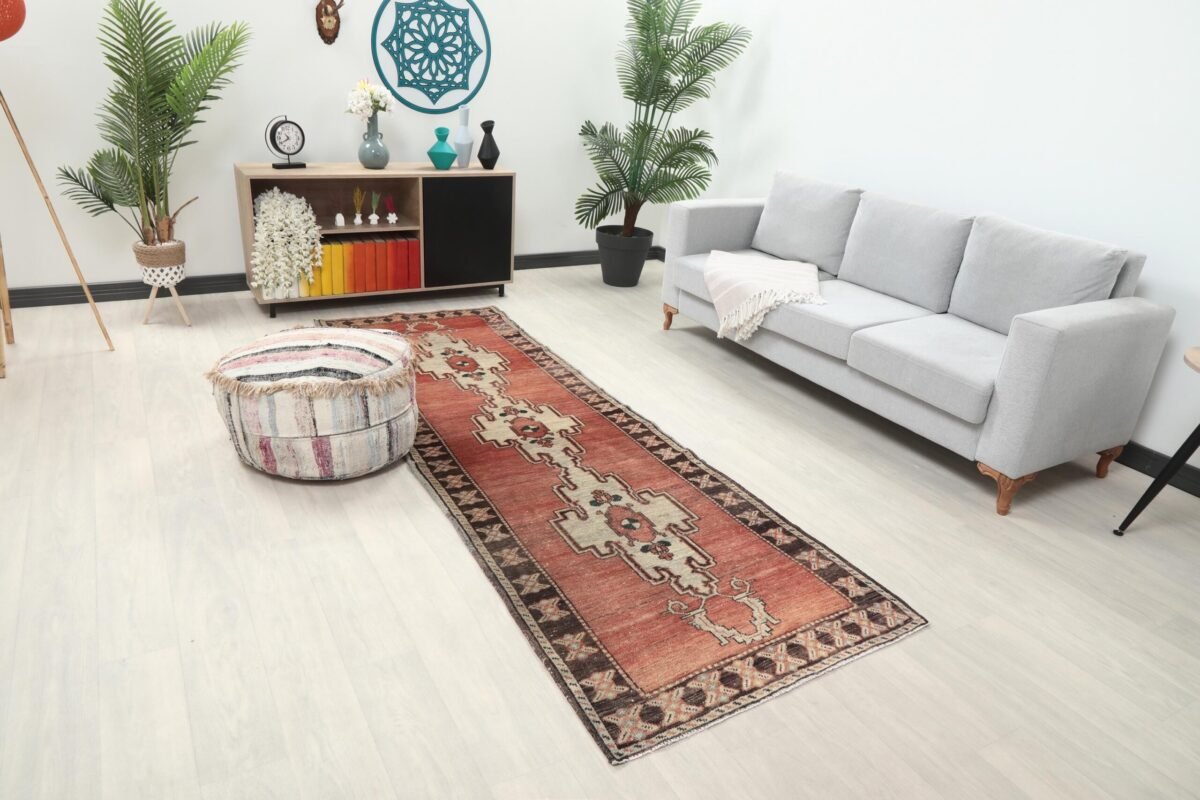3x10 Red Brown Turkish Runner , 3x10 Oushak Runner, Turkish Bohemian Runner, Handmade Rug,Antique Wool Rug, Kitchen Runner, Hallway Runner - Görsel 2