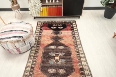 3x10 Red Blue Turkish Runner Rug, 3x10 Oushak Runner, Bohemian Runner, 3x10 Handmade Rug, Corridor Runner, Kitchen Runner,Hallway Runner - Görsel 3