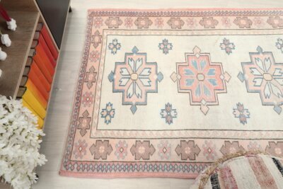 4x6 Pink Blue Floral Patterned Turkish Rug, 4x6 Handwoven Wool Rug, Handmade Rug, Living Room Rug, Vintage Rug, Kitchen Rug, Dining Room Rug - Görsel 5