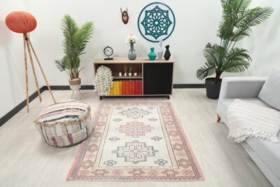 4x6 Pink Blue Floral Patterned Turkish Rug, 4x6 Handwoven Wool Rug, Handmade Rug, Living Room Rug, Vintage Rug, Kitchen Rug, Dining Room Rug - Görsel 7