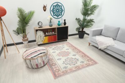 4x6 Pink Blue Floral Patterned Turkish Rug, 4x6 Handwoven Wool Rug, Handmade Rug, Living Room Rug, Vintage Rug, Kitchen Rug, Dining Room Rug - Görsel 8