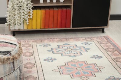 4x6 Pink Blue Floral Patterned Turkish Rug, 4x6 Handwoven Wool Rug, Handmade Rug, Living Room Rug, Vintage Rug, Kitchen Rug, Dining Room Rug - Görsel 9