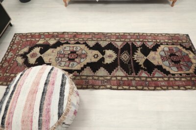 3x9 Brown Black Vintage Runner Rug, 3x9 Oushak Runner, Bohemian Runner, 3x9 Handmade Antique Rug, Vintage Rug, Kitchen Runner,Hallway Runner - Görsel 9