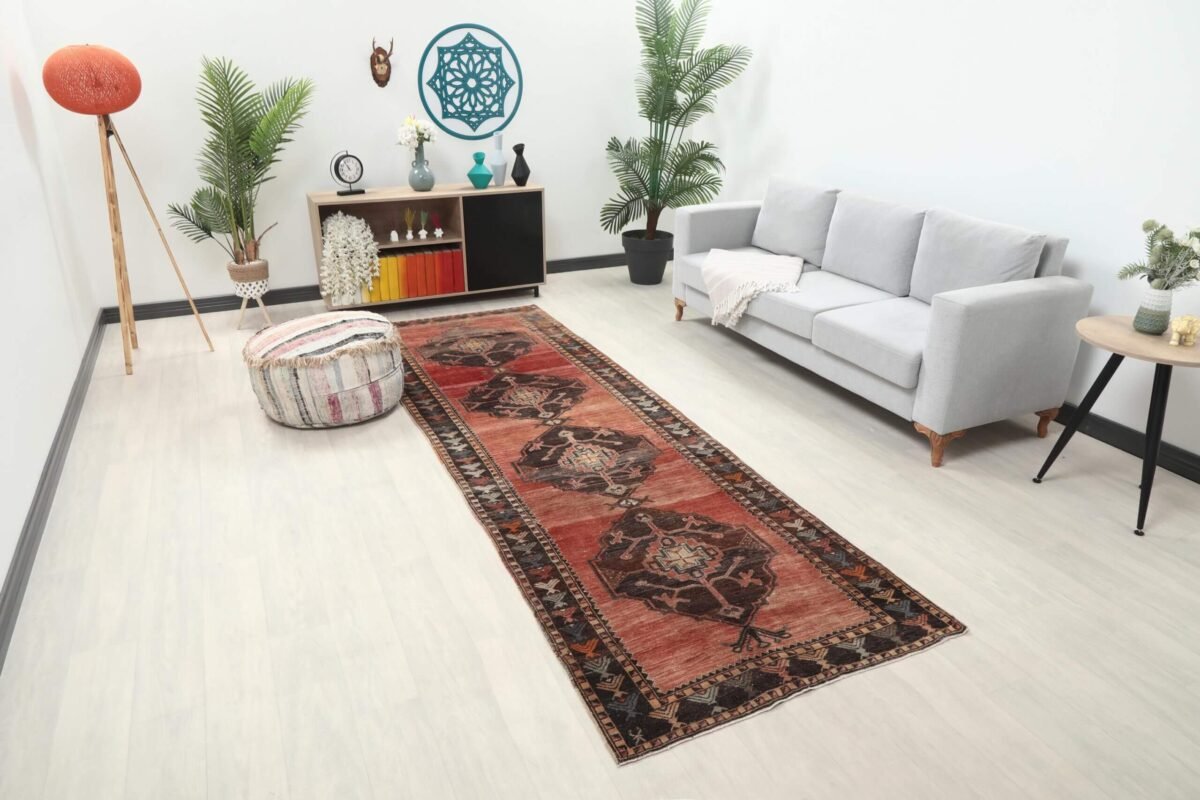 4x11 Red Brown Geometric Turkish Runner Rug,4x11 Handmade Rug, Oushak Runner, Bohemian Runner, , Vintage Rug, Kitchen Runner, Persian Runner - Görsel 3