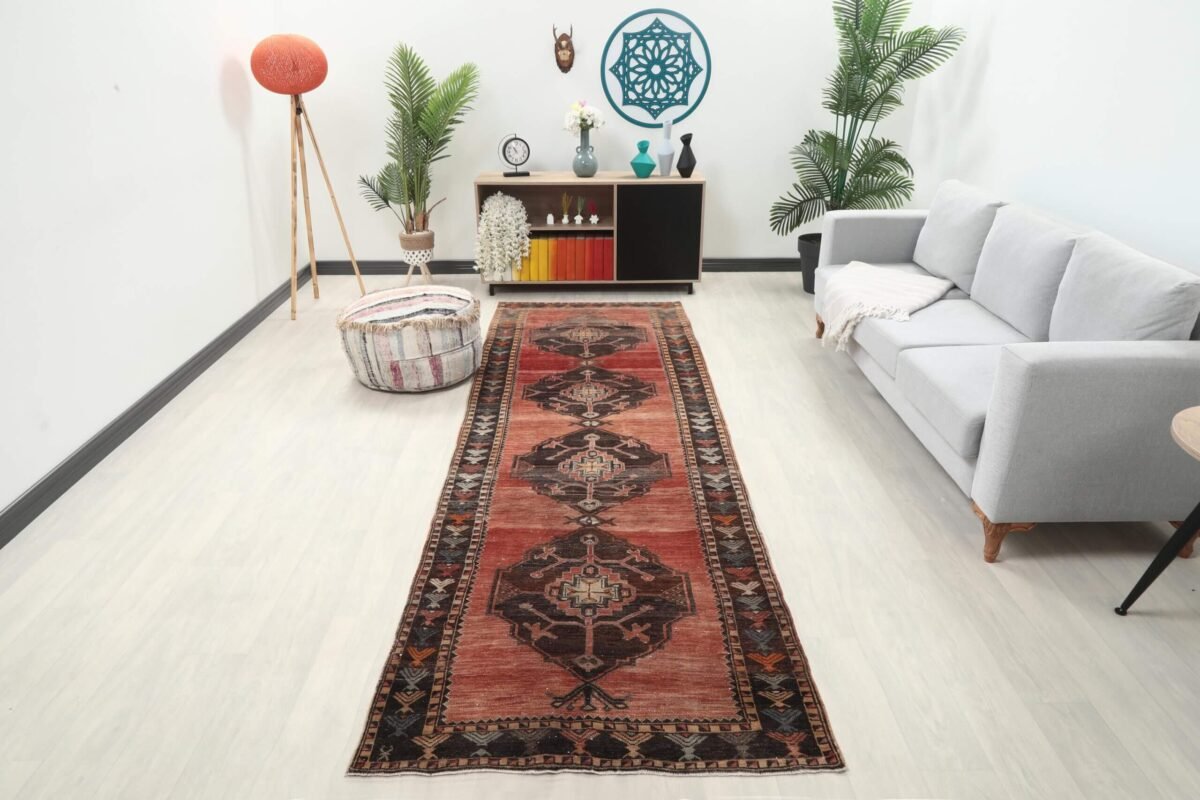 4x11 Red Brown Geometric Turkish Runner Rug,4x11 Handmade Rug, Oushak Runner, Bohemian Runner, , Vintage Rug, Kitchen Runner, Persian Runner - Görsel 2