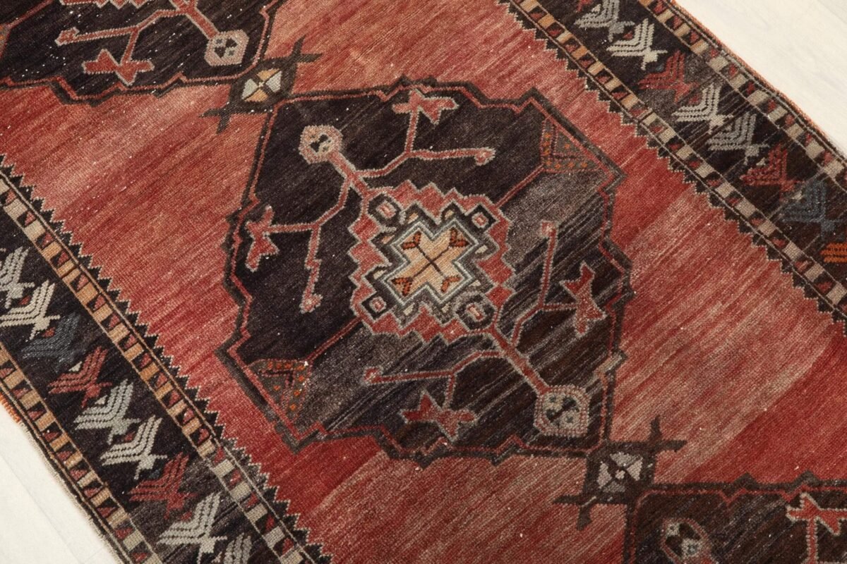 4x11 Red Brown Geometric Turkish Runner Rug,4x11 Handmade Rug, Oushak Runner, Bohemian Runner, , Vintage Rug, Kitchen Runner, Persian Runner - Görsel 5