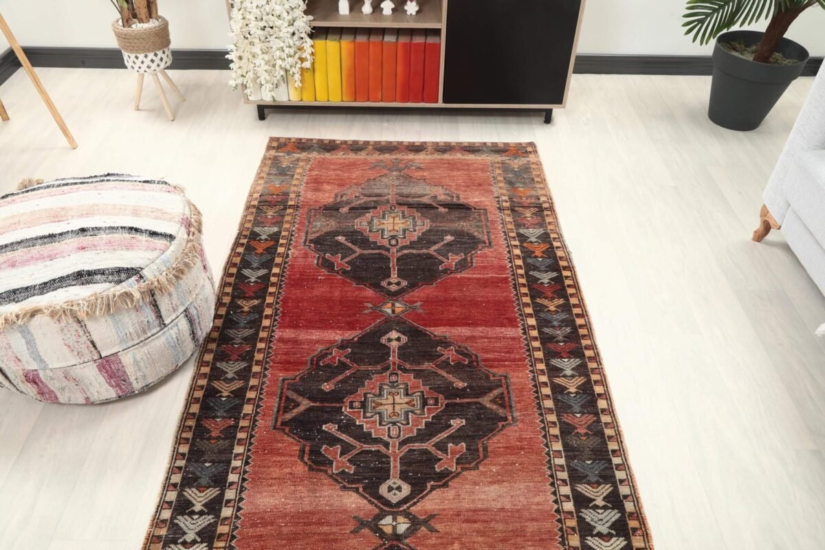 4x11 Red Brown Geometric Turkish Runner Rug,4x11 Handmade Rug, Oushak Runner, Bohemian Runner, , Vintage Rug, Kitchen Runner, Persian Runner - Görsel 7