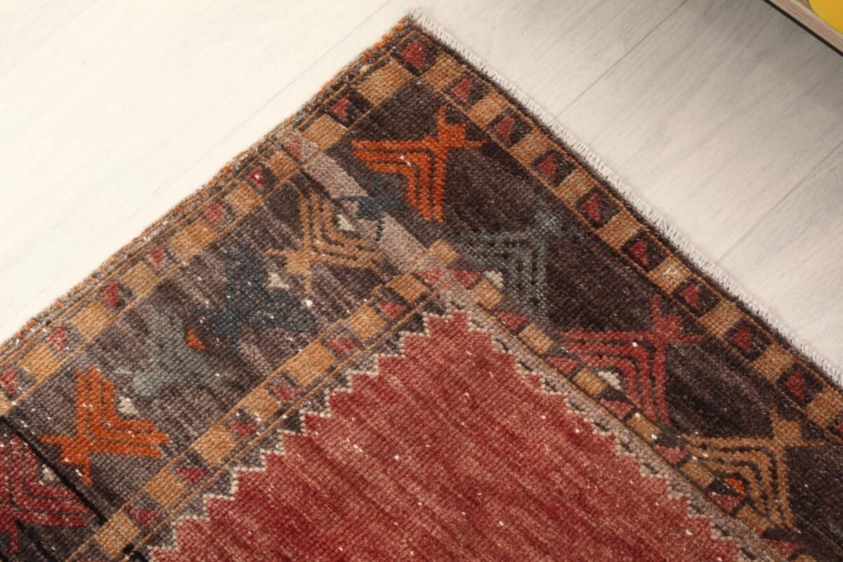 4x11 Red Brown Geometric Turkish Runner Rug,4x11 Handmade Rug, Oushak Runner, Bohemian Runner, , Vintage Rug, Kitchen Runner, Persian Runner - Görsel 8