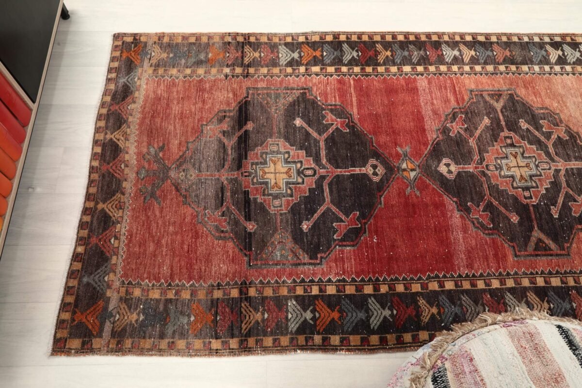 4x11 Red Brown Geometric Turkish Runner Rug,4x11 Handmade Rug, Oushak Runner, Bohemian Runner, , Vintage Rug, Kitchen Runner, Persian Runner - Görsel 9