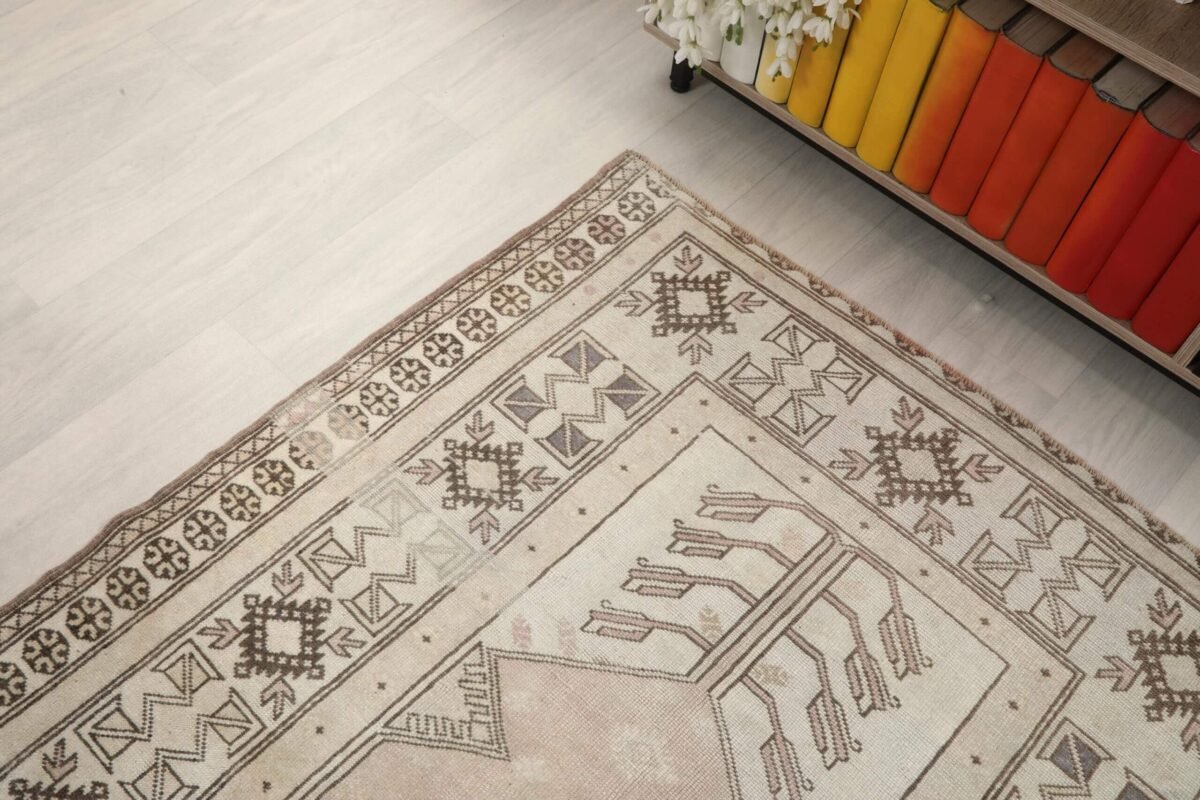 4x6 Beige BrownTurkish Rug, 4x6 Handwoven Rug, 4x6 Oushak Area Rug, Handmade Rug, Living Room Rug, Vintage Rug, Kitchen Wool Rug, Faded Rug - Görsel 8