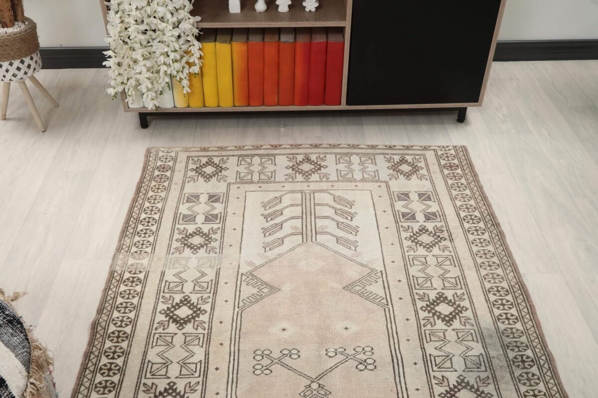 4x6 Beige BrownTurkish Rug, 4x6 Handwoven Rug, 4x6 Oushak Area Rug, Handmade Rug, Living Room Rug, Vintage Rug, Kitchen Wool Rug, Faded Rug - Görsel 7