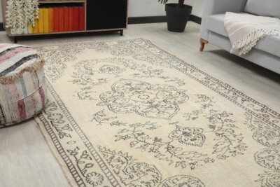 6x10 Bej Turkish Area Rug, 6x10 Oushak Rug, Handmade Rug, Wool Floral Rug, Area Rug, Vintage Rug, Kitchen Wool Rug, Living Room Wool Rug - Görsel 7