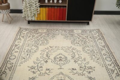 6x10 Bej Turkish Area Rug, 6x10 Oushak Rug, Handmade Rug, Wool Floral Rug, Area Rug, Vintage Rug, Kitchen Wool Rug, Living Room Wool Rug - Görsel 9