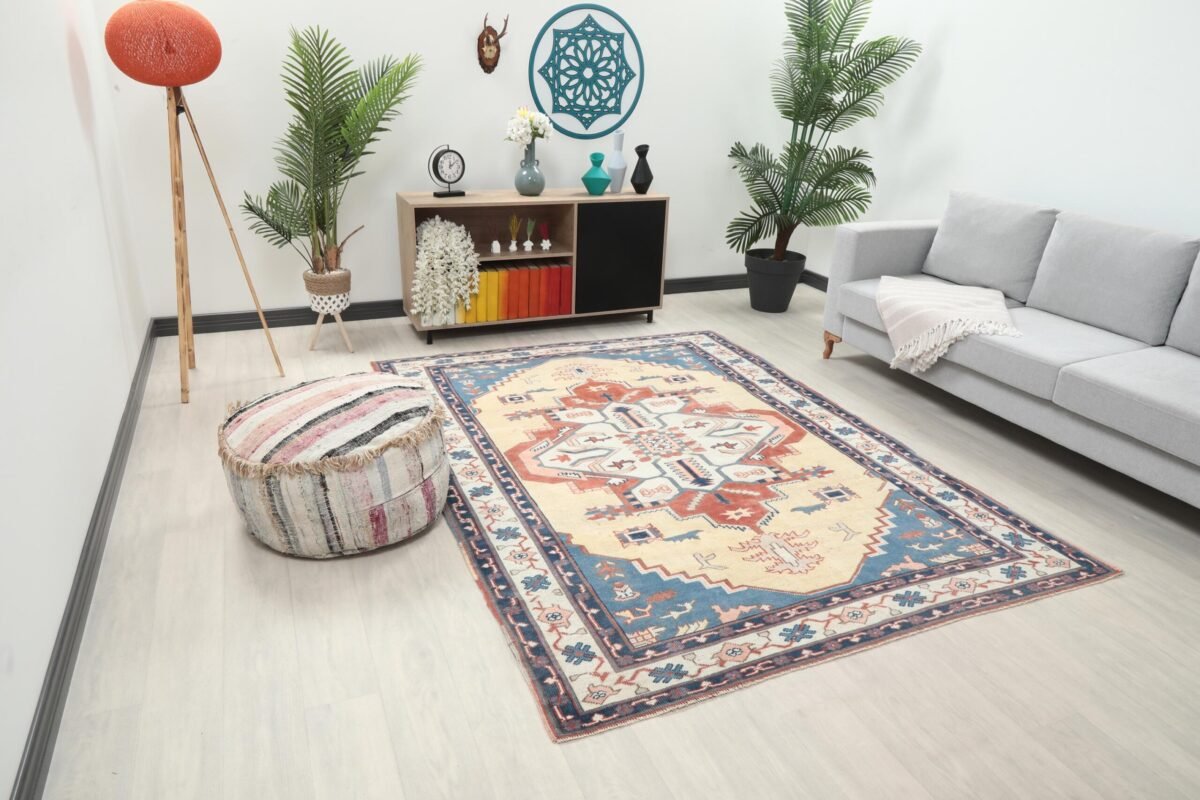 6x8 Red Blue Turkish Area Rug, 6x8 Oushak Rug, Persian Handmade Rug,6x8 Oversized Rug, Patterned Vintage Rug, Kitchen Rug, Living Room Rug - Görsel 2