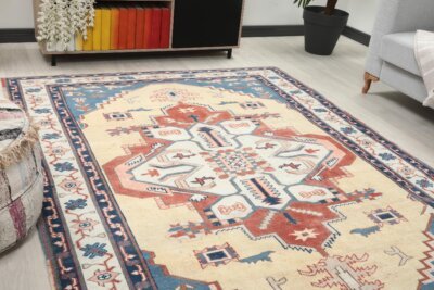 6x8 Red Blue Turkish Area Rug, 6x8 Oushak Rug, Persian Handmade Rug,6x8 Oversized Rug, Patterned Vintage Rug, Kitchen Rug, Living Room Rug - Görsel 4