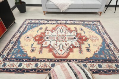 6x8 Red Blue Turkish Area Rug, 6x8 Oushak Rug, Persian Handmade Rug,6x8 Oversized Rug, Patterned Vintage Rug, Kitchen Rug, Living Room Rug - Görsel 10