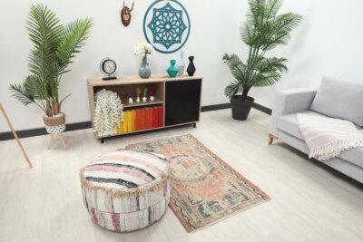 3x5 Pink Green Turkish Rug, 3x5 Oushak Area Rug, 3x5 Vintage Rug, Low Pile Rug, Kitchen Rug, 3x5 Bedroom Rug, Home Decor, Geometric Wool Rug - Görsel 8
