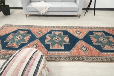 4x13 Pink Wool Turkish Runner, 4x13 Muted Oushak Runner, 4x13 Bohemian Runner, Handmade Rug, Vintage Runner, Patterned Runner, Faded Rug - Görsel 8