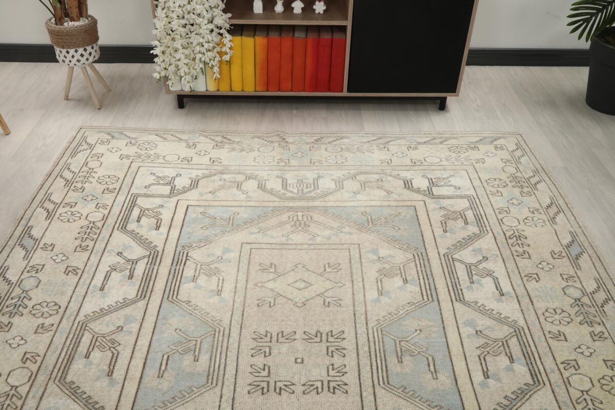 7x10 Beige Blue Patterned Turkish Rug , 7x10 Oversize Oushak Runner, Bohemian Runner, Handmade Wool Rug, Dining Area Rug, Living Room Rug - Görsel 6