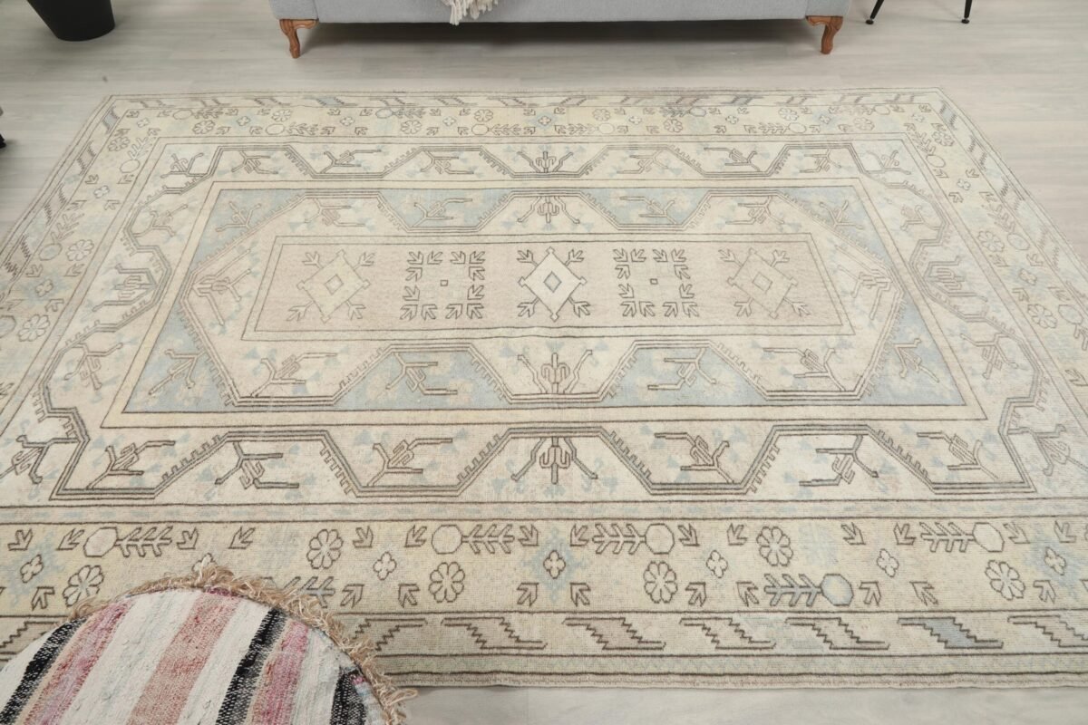 7x10 Beige Blue Patterned Turkish Rug , 7x10 Oversize Oushak Runner, Bohemian Runner, Handmade Wool Rug, Dining Area Rug, Living Room Rug - Görsel 8