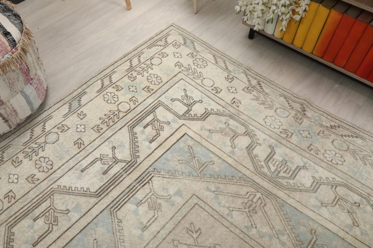 7x10 Beige Blue Patterned Turkish Rug , 7x10 Oversize Oushak Runner, Bohemian Runner, Handmade Wool Rug, Dining Area Rug, Living Room Rug - Görsel 7