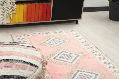3x5 Pink Small Turkish  Rug, 3x5 Oushak Rug, 3x5 Vintage Rug, Low Pile Rug, Kitchen Rug, Bedroom Rug, Home Decor, Area Rug, Neutral Rug - Görsel 7