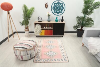 3x5 Pink Small Turkish  Rug, 3x5 Oushak Rug, 3x5 Vintage Rug, Low Pile Rug, Kitchen Rug, Bedroom Rug, Home Decor, Area Rug, Neutral Rug - Görsel 5