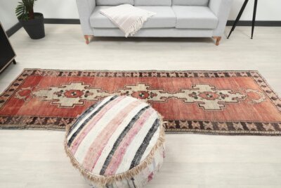 3x10 Red Brown Turkish Runner , 3x10 Oushak Runner, Turkish Bohemian Runner, Handmade Rug,Antique Wool Rug, Kitchen Runner, Hallway Runner - Görsel 8