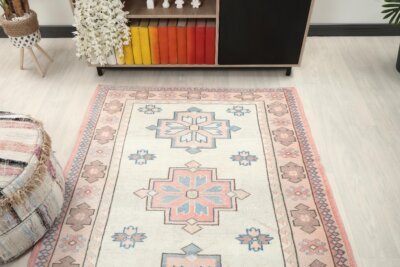4x6 Pink Blue Floral Patterned Turkish Rug, 4x6 Handwoven Wool Rug, Handmade Rug, Living Room Rug, Vintage Rug, Kitchen Rug, Dining Room Rug - Görsel 3