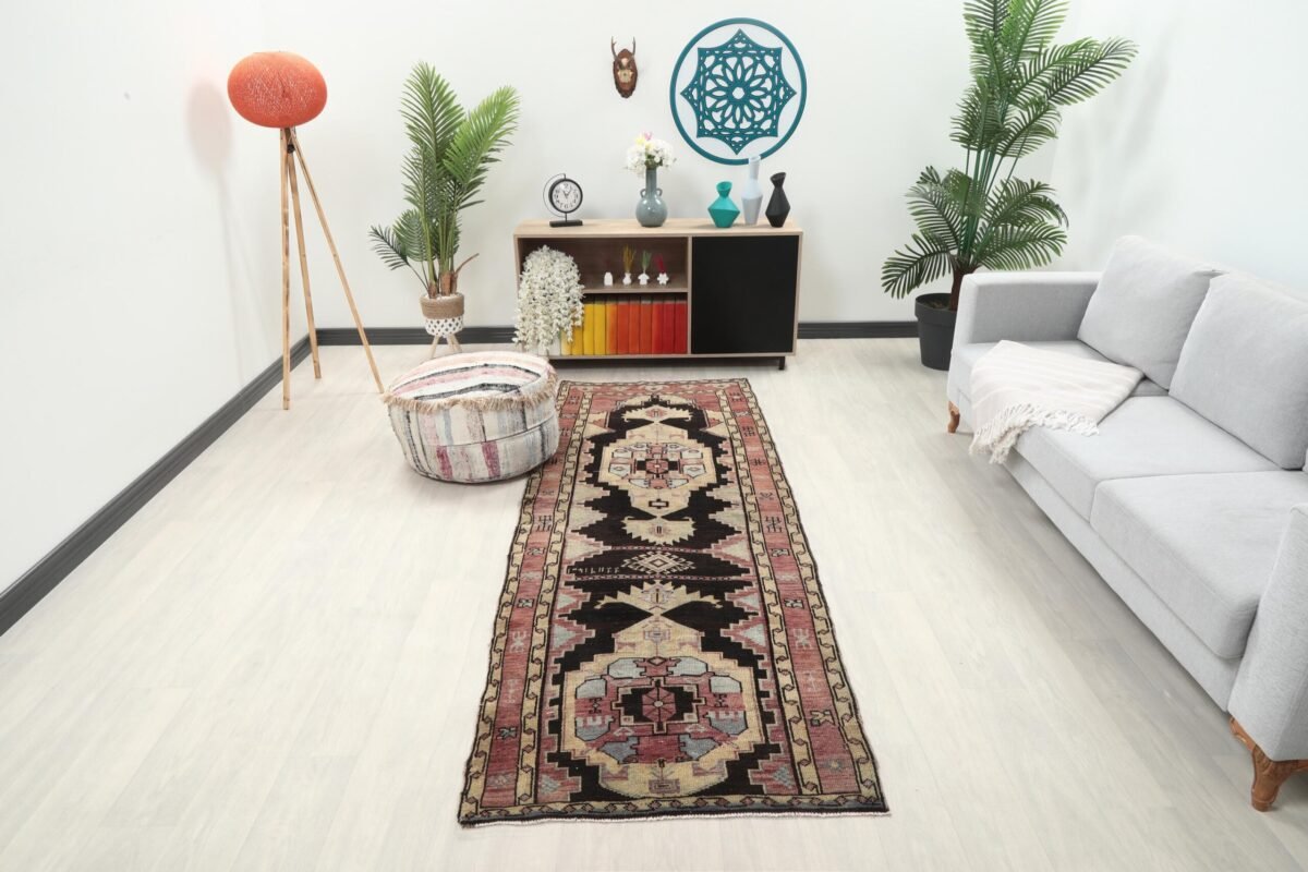3x9 Brown Black Vintage Runner Rug, 3x9 Oushak Runner, Bohemian Runner, 3x9 Handmade Antique Rug, Vintage Rug, Kitchen Runner,Hallway Runner - Görsel 2