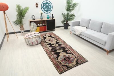 3x9 Brown Black Vintage Runner Rug, 3x9 Oushak Runner, Bohemian Runner, 3x9 Handmade Antique Rug, Vintage Rug, Kitchen Runner,Hallway Runner - Görsel 3