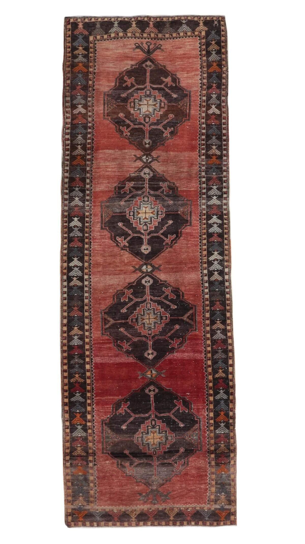 4x11 Red Brown Geometric Turkish Runner Rug,4x11 Handmade Rug, Oushak Runner, Bohemian Runner, , Vintage Rug, Kitchen Runner, Persian Runner