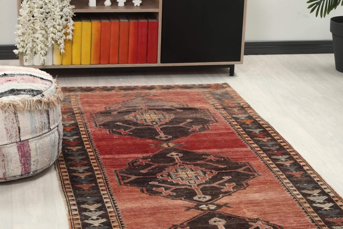 4x11 Red Brown Geometric Turkish Runner Rug,4x11 Handmade Rug, Oushak Runner, Bohemian Runner, , Vintage Rug, Kitchen Runner, Persian Runner - Görsel 4