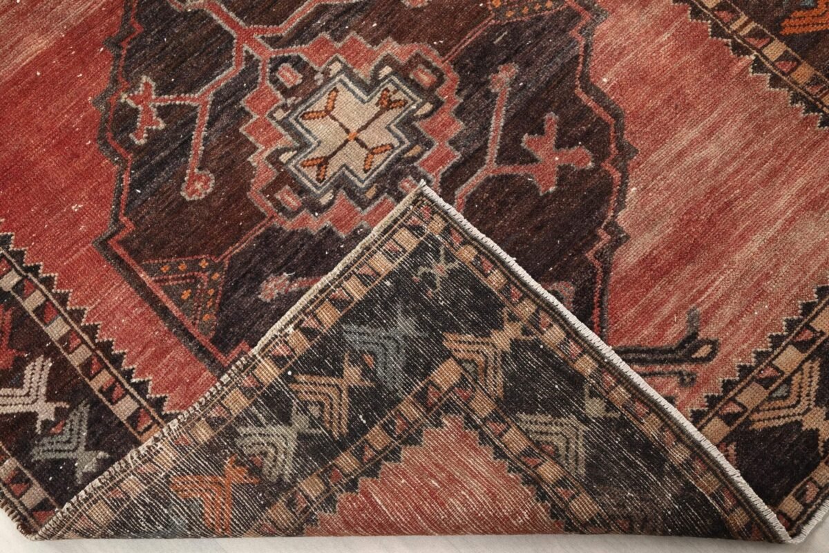 4x11 Red Brown Geometric Turkish Runner Rug,4x11 Handmade Rug, Oushak Runner, Bohemian Runner, , Vintage Rug, Kitchen Runner, Persian Runner - Görsel 10
