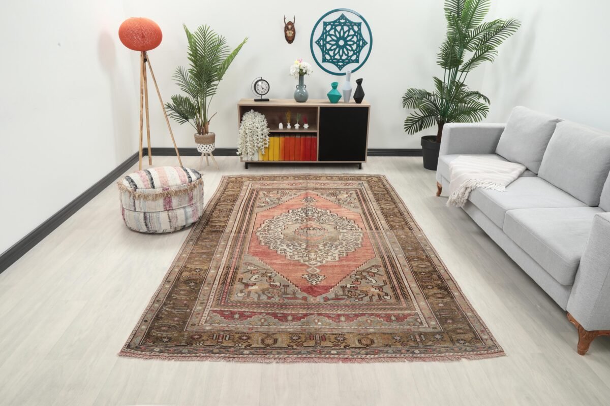 6x9 Pink Green Turkish Area Rug - Görsel 2