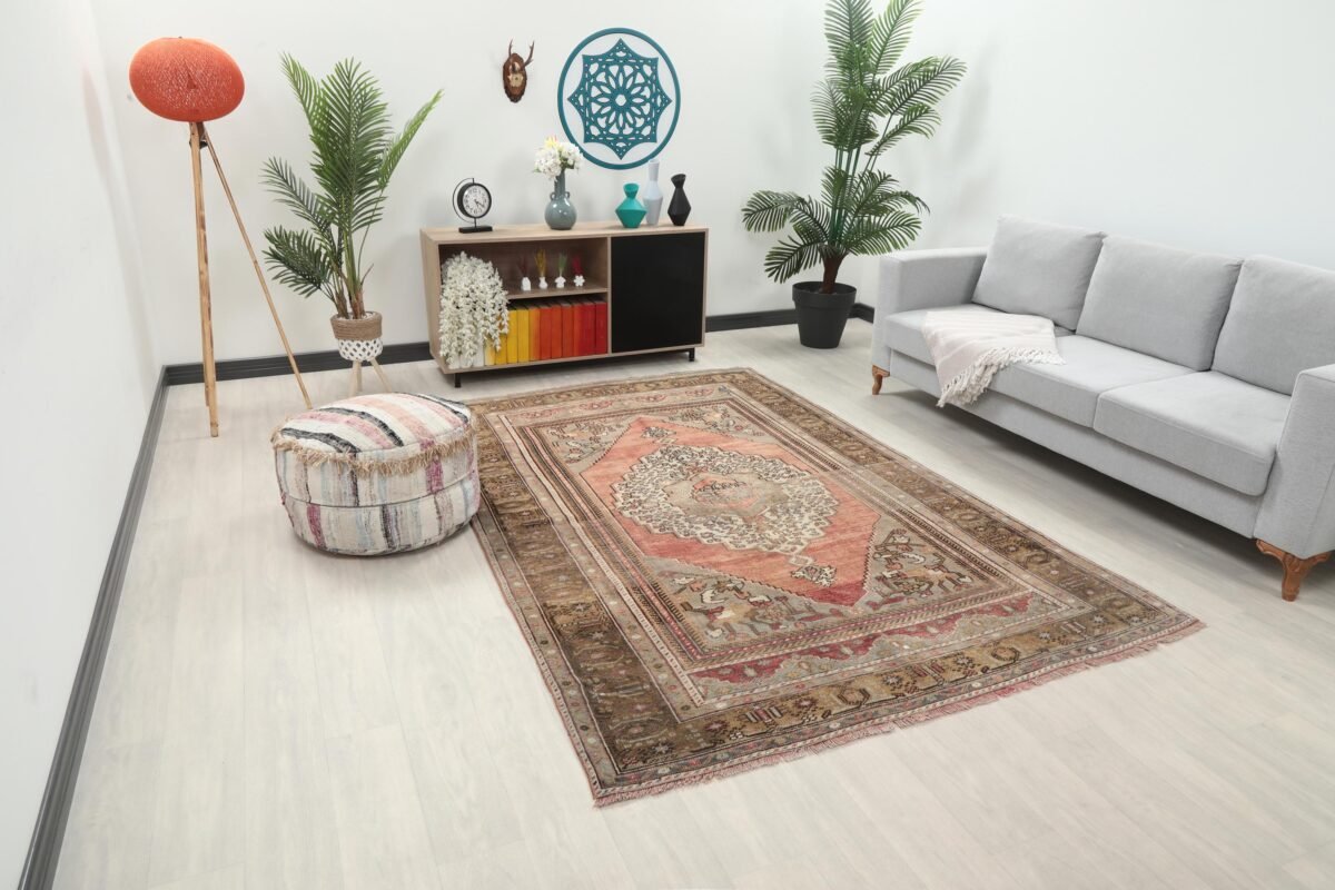 6x9 Pink Green Turkish Area Rug - Görsel 3
